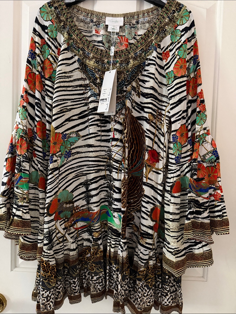 NWT Camilla Cosmic Conflict Zebra-Print Embellished Dress size XS 100% silk